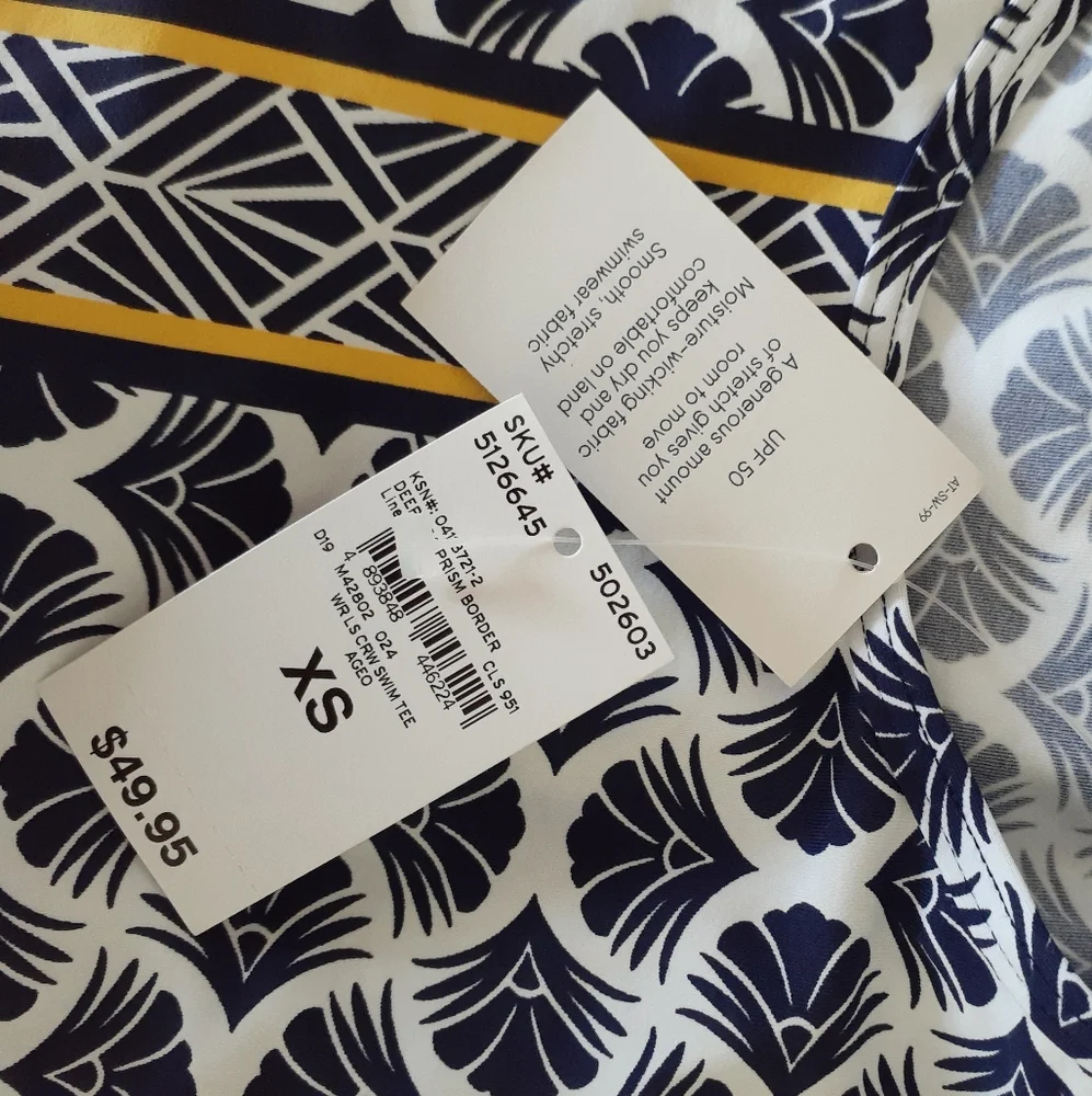 NWT*Lands' End navy print border* long sleeve rash guard*XS